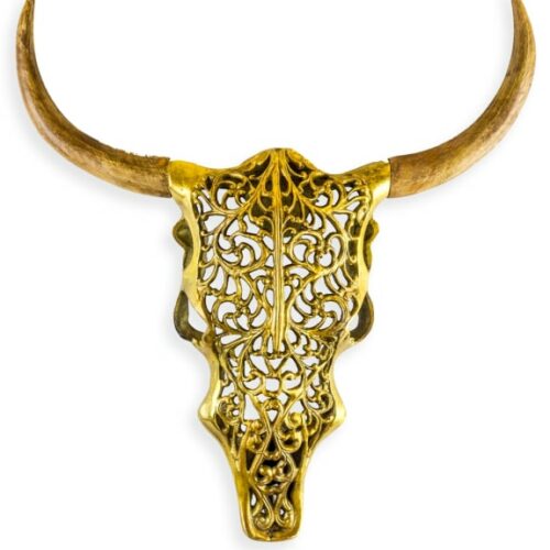 GOLD AND WOOD TRIBAL BISON WALL HEAD