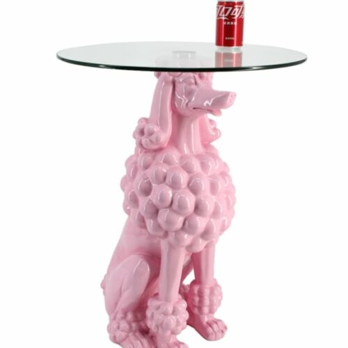 SITTING PINK POODLE SIDE TABLE W/ GLASS TOP