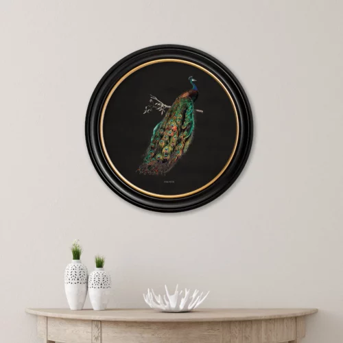 Peacock in Round Frame - Dark