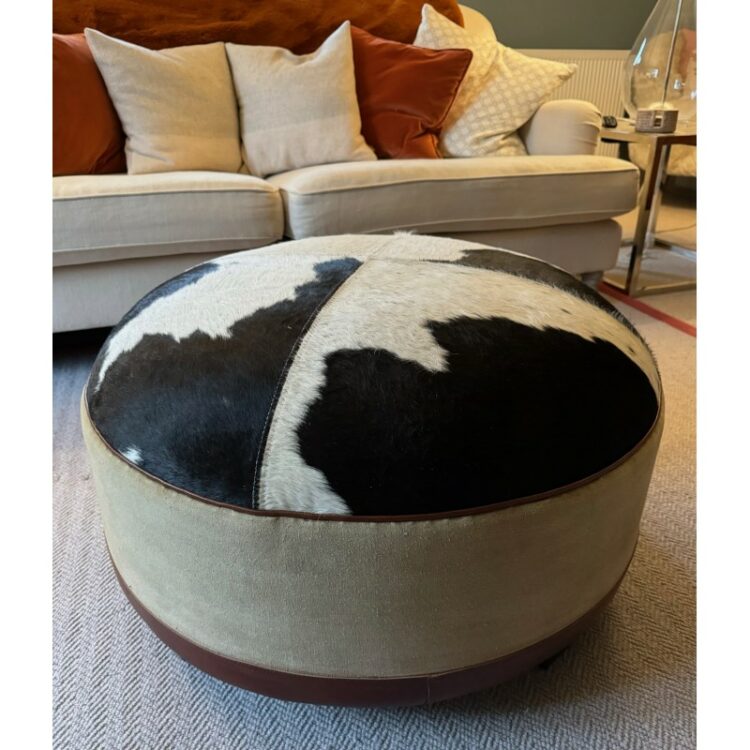Black & White Genuine Cowhide Hair on Leather Round Pouffe Stool Coffee Table