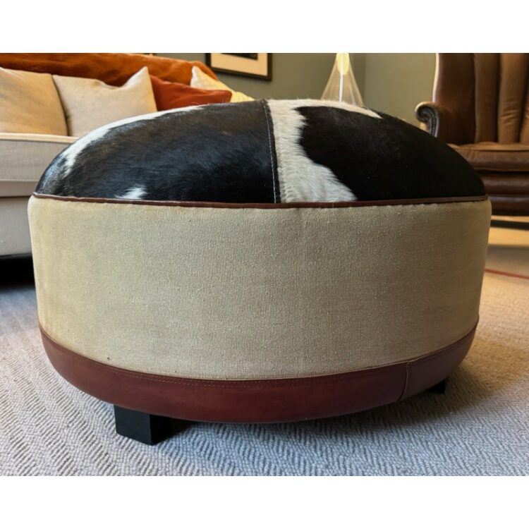 Black & White Genuine Cowhide Hair on Leather Round Pouffe Stool Coffee Table