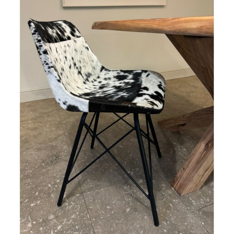 Black & White Cowhide Hair on Leather Industrial Black Iron Frame