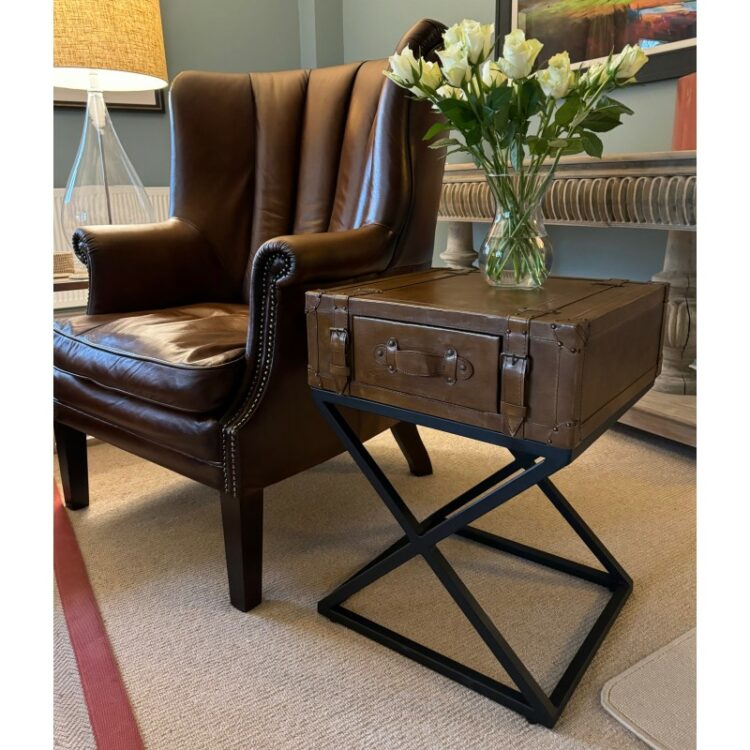 Genuine Brown Leather Side Table / Bedside