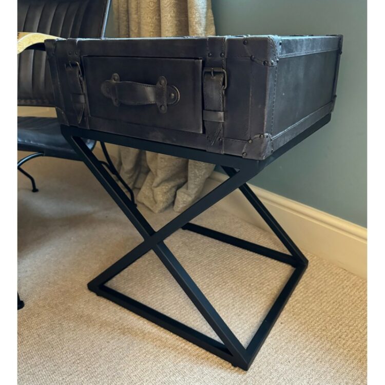 Genuine Grey Leather Side Table / Bedside